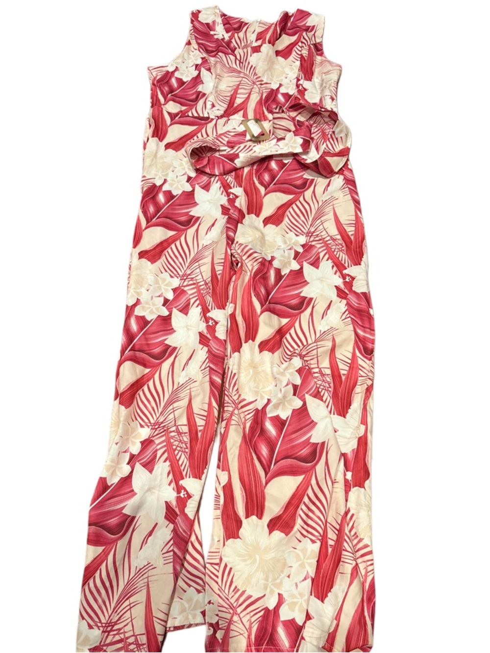 Sleeveless Red Floral Jumpsuit with Belt